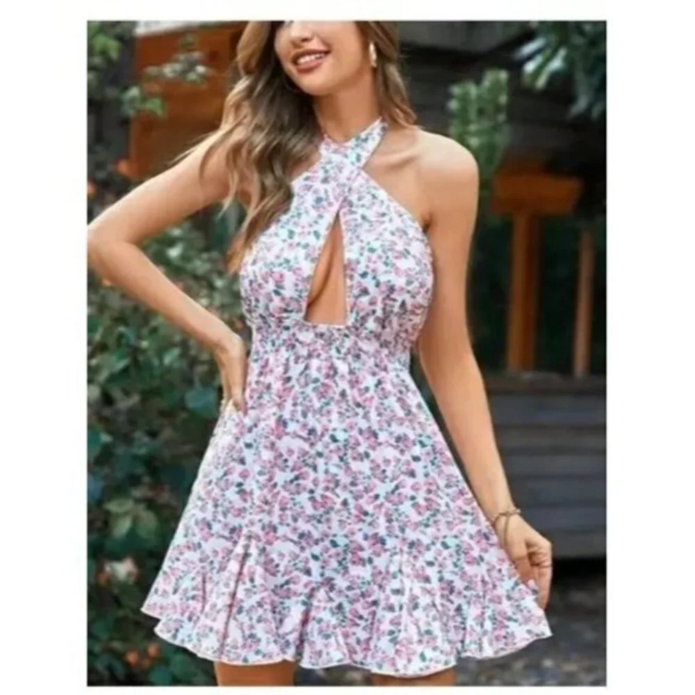 Cupshe Floral Cut Out Halter Skater Ditsy Print Backless Tie A-Shape dress Large